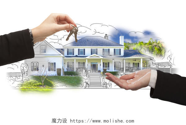 白色背景上一双交钥匙的手和房子绘画的照片组合